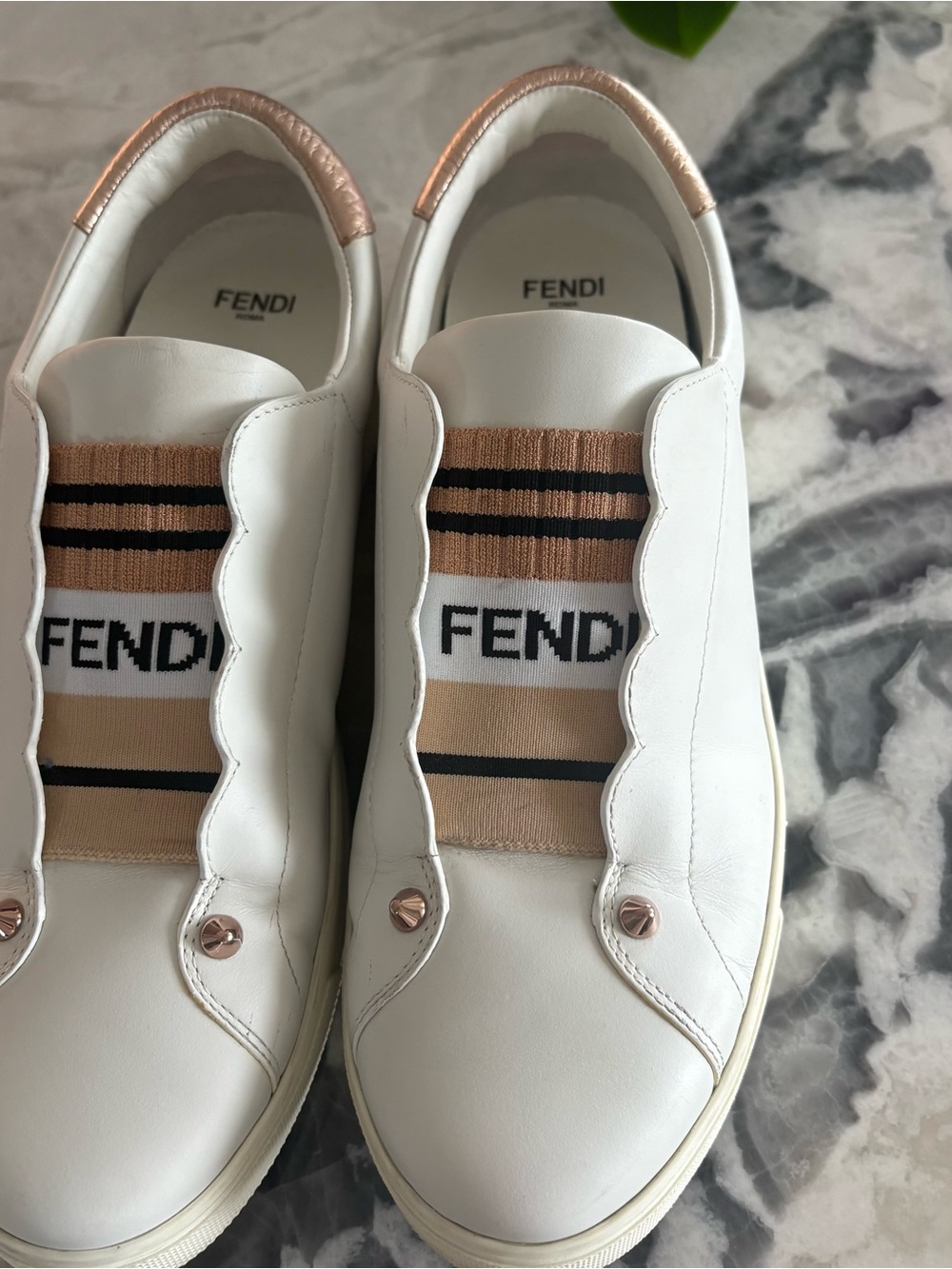 Fendi White Leather Slip-On Sneakers with Beige & Rose Gold Accents 39.5
